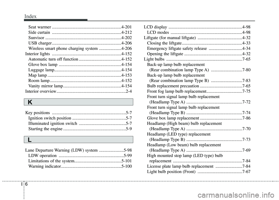 KIA SEDONA 2020  Owners Manual Index
6I
Seat warmer ..............................................................4-201
Side curtain ..............................................................4-212
Sunvisor .....................