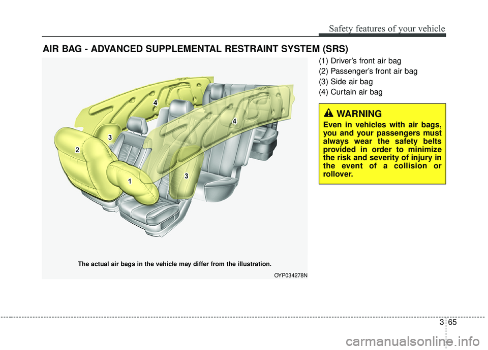 KIA SEDONA 2020 Manual Online 365
Safety features of your vehicle
(1) Driver’s front air bag
(2) Passenger’s front air bag
(3) Side air bag
(4) Curtain air bag
AIR BAG - ADVANCED SUPPLEMENTAL RESTRAINT SYSTEM (SRS)
The actual KIA SEDONA 2020 Manual Online 365
Safety features of your vehicle
(1) Driver’s front air bag
(2) Passenger’s front air bag
(3) Side air bag
(4) Curtain air bag
AIR BAG - ADVANCED SUPPLEMENTAL RESTRAINT SYSTEM (SRS)
The actual