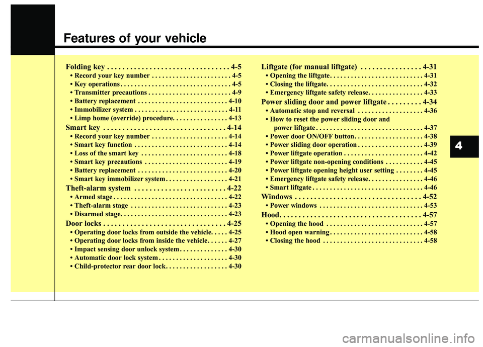 KIA SEDONA 2019 Owners Manual Features of your vehicle
Folding key . . . . . . . . . . . . . . . . . . . . . . . . . . . . . . . . 4-5
• Record your key number . . . . . . . . . . . . . . . . . . . . . . . 4-5
• Key operations KIA SEDONA 2019 Owners Manual Features of your vehicle
Folding key . . . . . . . . . . . . . . . . . . . . . . . . . . . . . . . . 4-5
• Record your key number . . . . . . . . . . . . . . . . . . . . . . . 4-5
• Key operations