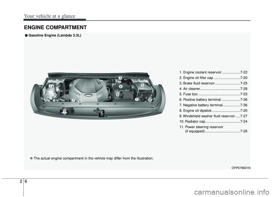 KIA SEDONA 2019 User Guide Your vehicle at a glance
62
ENGINE COMPARTMENT
OYP078001N
❈The actual engine compartment in the vehicle may differ from the illustration. 1. Engine coolant reservoir ...................7-22
2. Engin KIA SEDONA 2019 User Guide Your vehicle at a glance
62
ENGINE COMPARTMENT
OYP078001N
❈The actual engine compartment in the vehicle may differ from the illustration. 1. Engine coolant reservoir ...................7-22
2. Engin
