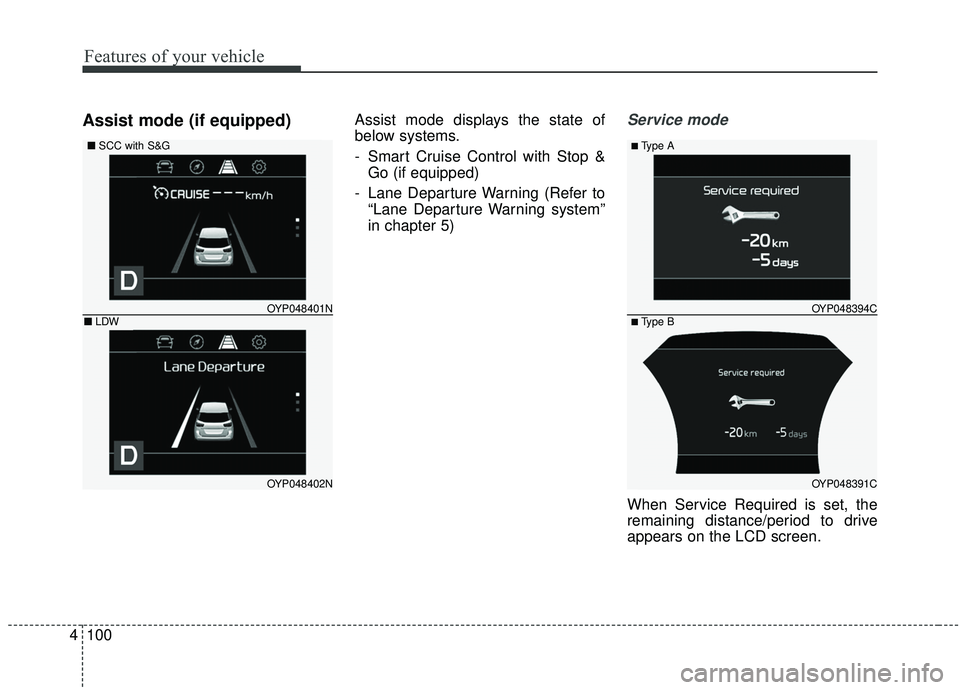 KIA SEDONA 2019  Owners Manual Features of your vehicle
100
4
Assist mode (if equipped)Assist mode displays the state of
below systems.
- Smart Cruise Control with Stop &
Go (if equipped)
- Lane Departure Warning (Refer to “Lane 