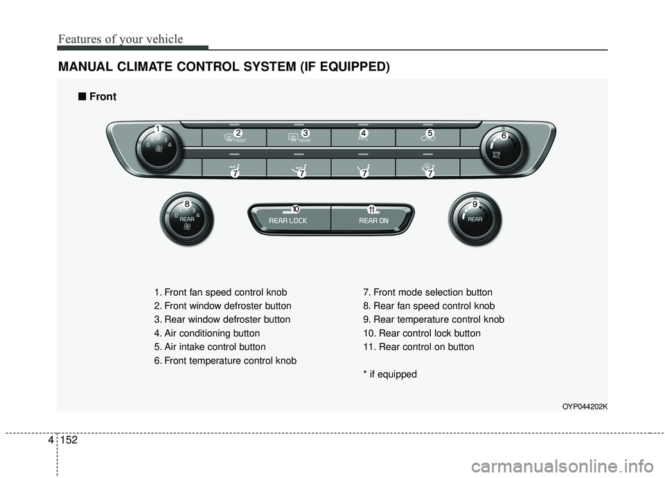 KIA SEDONA 2019 Owners Manual Features of your vehicle
152
4
MANUAL CLIMATE CONTROL SYSTEM (IF EQUIPPED)
OYP044202K
1. Front fan speed control knob
2. Front window defroster button
3. Rear window defroster button
4. Air conditioni KIA SEDONA 2019 Owners Manual Features of your vehicle
152
4
MANUAL CLIMATE CONTROL SYSTEM (IF EQUIPPED)
OYP044202K
1. Front fan speed control knob
2. Front window defroster button
3. Rear window defroster button
4. Air conditioni