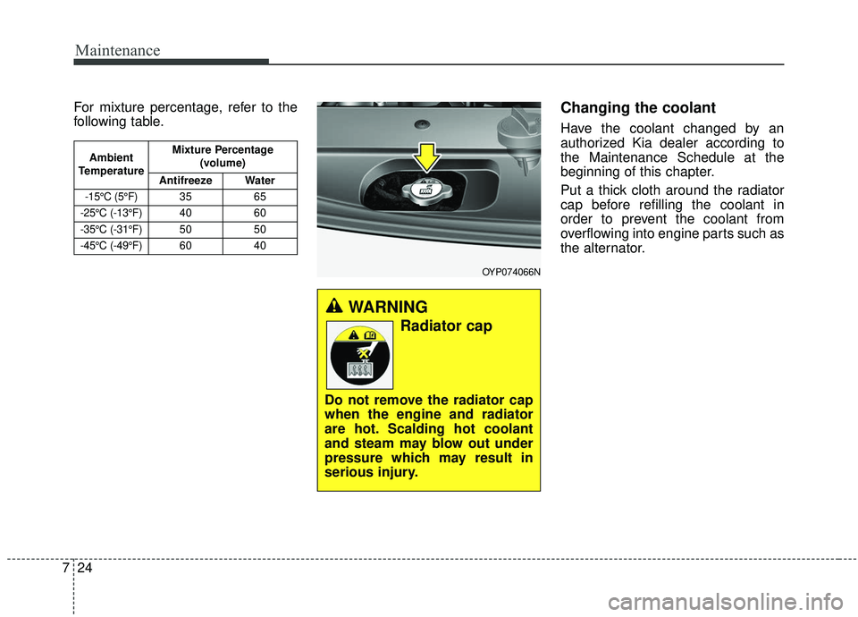 KIA SEDONA 2019 Owners Manual Maintenance
24
7
For mixture percentage, refer to the
following table.Changing the coolant
Have the coolant changed by an
authorized Kia dealer according to
the Maintenance Schedule at the
beginning o KIA SEDONA 2019 Owners Manual Maintenance
24
7
For mixture percentage, refer to the
following table.Changing the coolant
Have the coolant changed by an
authorized Kia dealer according to
the Maintenance Schedule at the
beginning o