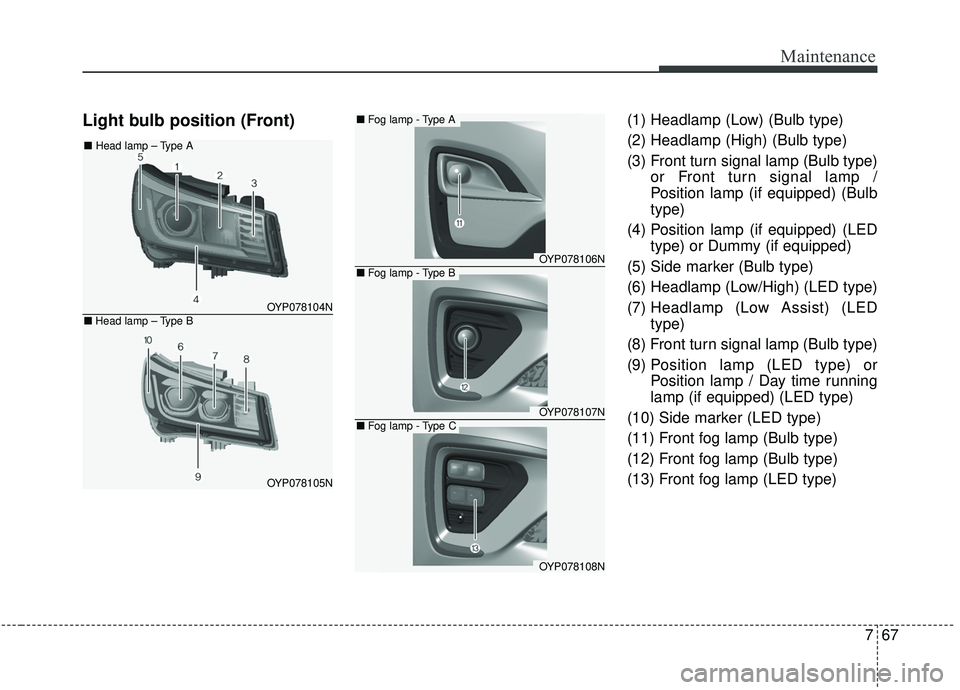 KIA SEDONA 2019 Owners Manual 767
Maintenance
Light bulb position (Front)(1) Headlamp (Low) (Bulb type)
(2) Headlamp (High) (Bulb type)
(3) Front turn signal lamp (Bulb type)or Front turn signal lamp /
Position lamp (if equipped) KIA SEDONA 2019 Owners Manual 767
Maintenance
Light bulb position (Front)(1) Headlamp (Low) (Bulb type)
(2) Headlamp (High) (Bulb type)
(3) Front turn signal lamp (Bulb type)or Front turn signal lamp /
Position lamp (if equipped)