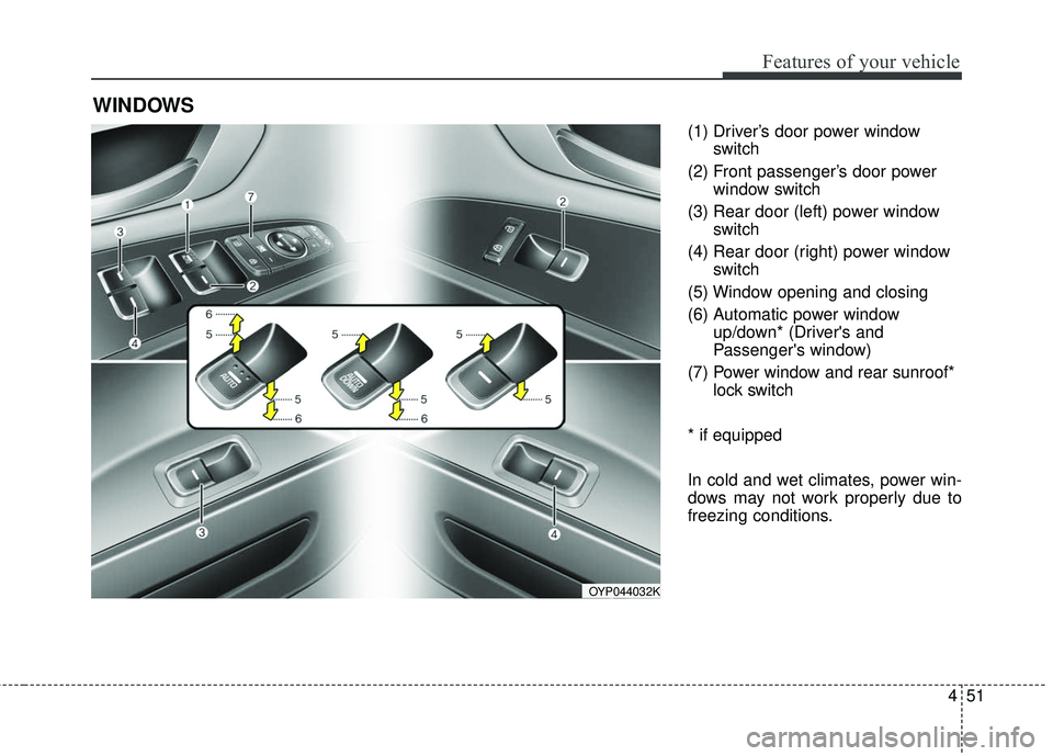 KIA SEDONA 2018  Owners Manual 451
Features of your vehicle
(1) Driver’s door power windowswitch
(2) Front passenger’s door power window switch
(3) Rear door (left) power window switch
(4) Rear door (right) power window switch
