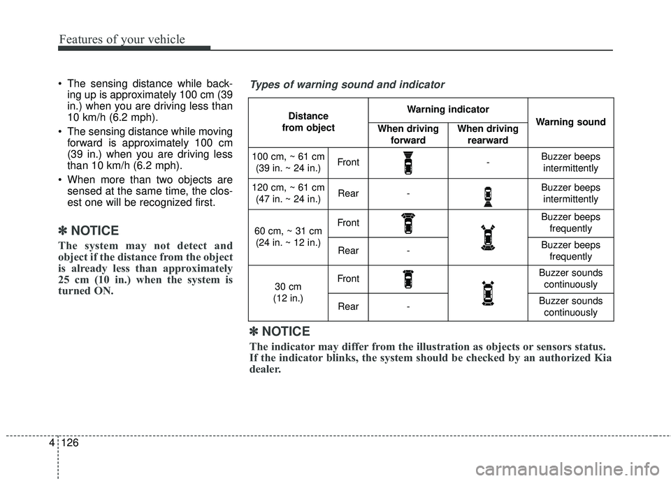 KIA SEDONA 2018 Owners Manual Features of your vehicle
126
4
The sensing distance while back-
ing up is approximately 100 cm (39
in.) when you are driving less than
10 km/h (6.2 mph).
The sensing distance while moving forward is KIA SEDONA 2018 Owners Manual Features of your vehicle
126
4
The sensing distance while back-
ing up is approximately 100 cm (39
in.) when you are driving less than
10 km/h (6.2 mph).
The sensing distance while moving forward is
