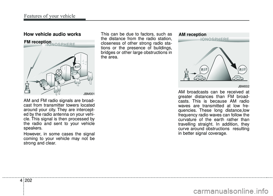 KIA SEDONA 2018  Owners Manual Features of your vehicle
202
4
How vehicle audio works
AM and FM radio signals are broad-
cast from transmitter towers located
around your city. They are intercept-
ed by the radio antenna on your veh