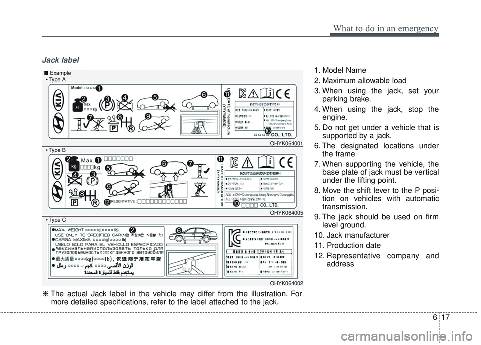 KIA SEDONA 2018 Owners Manual 617
What to do in an emergency
Jack label
1. Model Name
2. Maximum allowable load
3. When using the jack, set yourparking brake.
4. When using the jack, stop the engine.
5. Do not get under a vehicle KIA SEDONA 2018 Owners Manual 617
What to do in an emergency
Jack label
1. Model Name
2. Maximum allowable load
3. When using the jack, set yourparking brake.
4. When using the jack, stop the engine.
5. Do not get under a vehicle