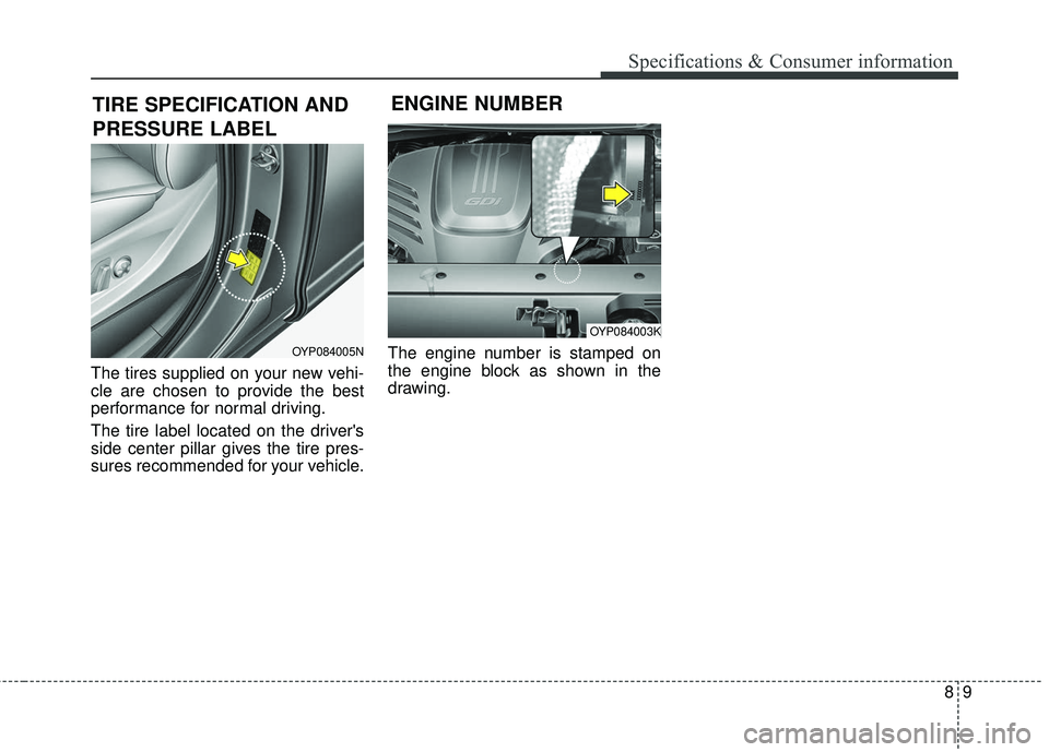 KIA SEDONA 2018 Owners Manual 89
Specifications & Consumer information
The tires supplied on your new vehi-
cle are chosen to provide the best
performance for normal driving.
The tire label located on the drivers
side center pill KIA SEDONA 2018 Owners Manual 89
Specifications & Consumer information
The tires supplied on your new vehi-
cle are chosen to provide the best
performance for normal driving.
The tire label located on the drivers
side center pill