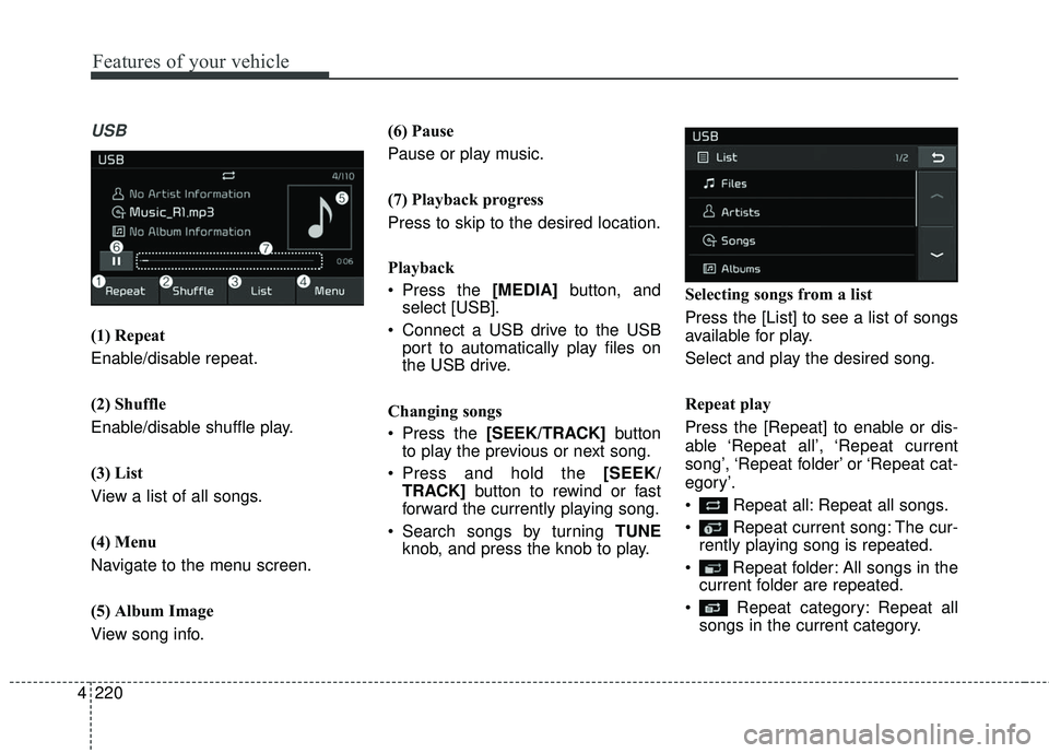 KIA SEDONA 2017  Owners Manual 4 220
Features of your vehicle
USB
(1) Repeat
Enable/disable repeat.
(2) Shuffle
Enable/disable shuffle play.
(3) List
View a list of all songs.
(4) Menu
Navigate to the menu screen.
(5) Album Image
V