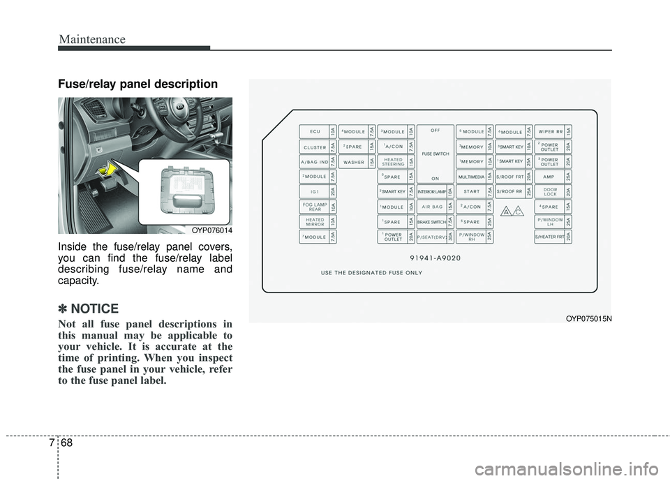 KIA SEDONA 2017 Owners Manual Maintenance
68
7
Fuse/relay panel description
Inside the fuse/relay panel covers,
you can find the fuse/relay label
describing fuse/relay name and
capacity.
✽ ✽
NOTICE
Not all fuse panel descripti KIA SEDONA 2017 Owners Manual Maintenance
68
7
Fuse/relay panel description
Inside the fuse/relay panel covers,
you can find the fuse/relay label
describing fuse/relay name and
capacity.
✽ ✽
NOTICE
Not all fuse panel descripti