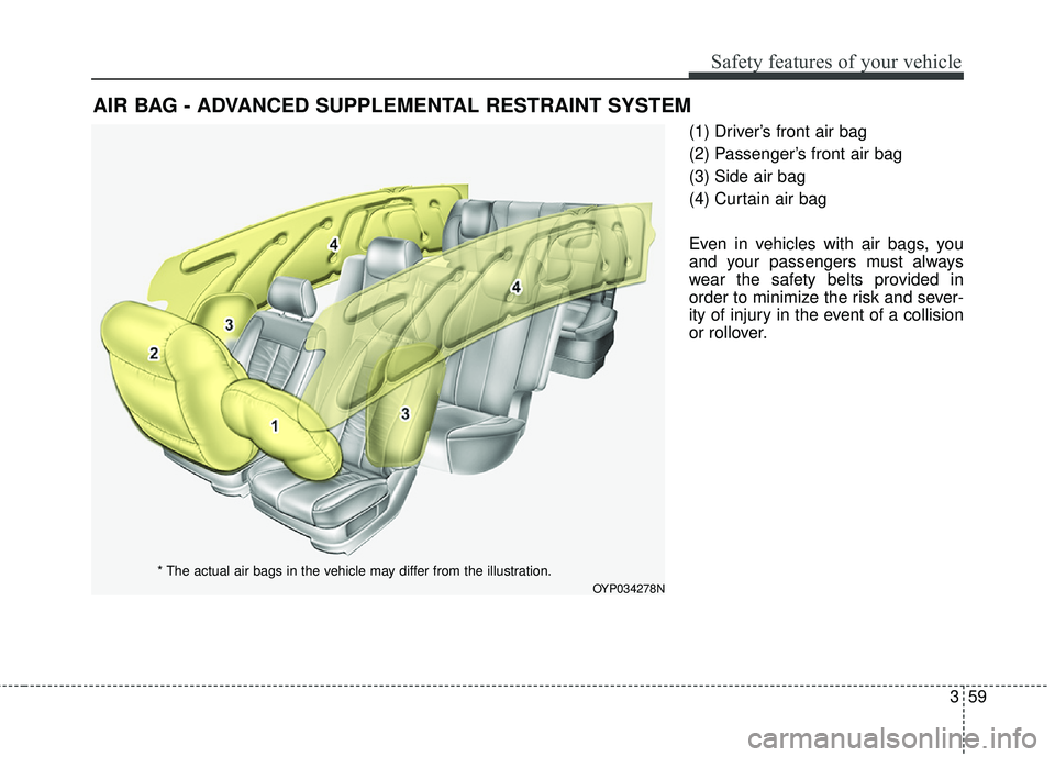 KIA SEDONA 2017 Manual PDF 359
Safety features of your vehicle
(1) Driver’s front air bag
(2) Passenger’s front air bag
(3) Side air bag
(4) Curtain air bag
Even in vehicles with air bags, you
and your passengers must alway