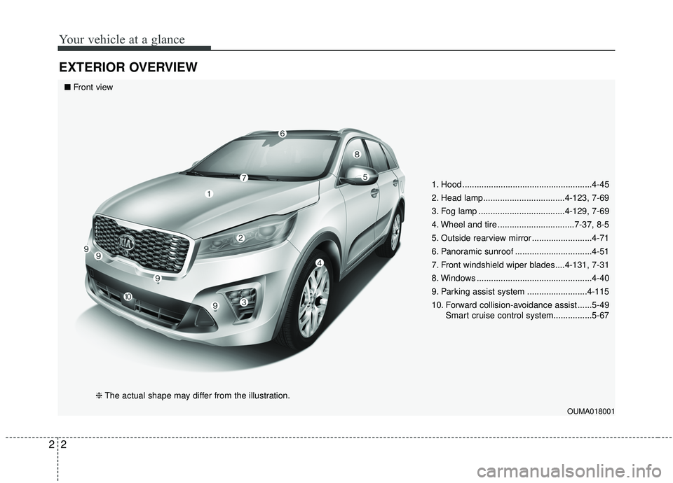 KIA SORENTO 2019  Owners Manual Your vehicle at a glance
22
EXTERIOR OVERVIEW
1. Hood ......................................................4-45
2. Head lamp..................................4-123, 7-69
3. Fog lamp .................
