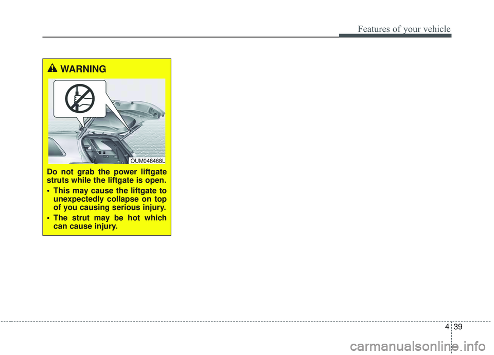 KIA SORENTO 2019 Owners Manual 439
Features of your vehicle
WARNING
Do not grab the power liftgate
struts while the liftgate is open.
This may cause the liftgate tounexpectedly collapse on top
of you causing serious injury.
The s KIA SORENTO 2019 Owners Manual 439
Features of your vehicle
WARNING
Do not grab the power liftgate
struts while the liftgate is open.
This may cause the liftgate tounexpectedly collapse on top
of you causing serious injury.
The s