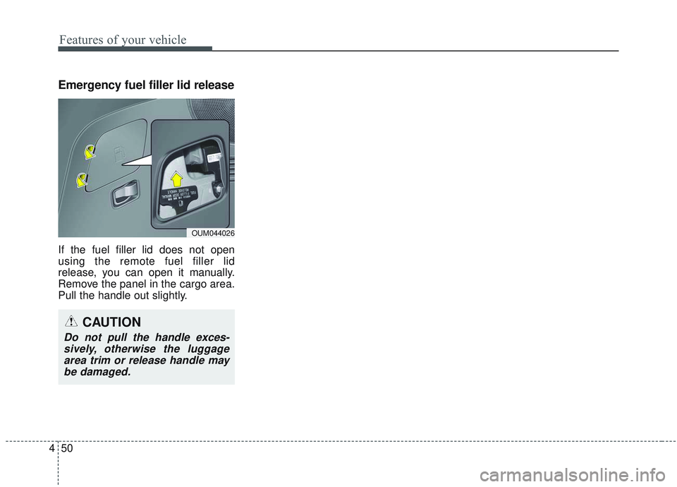 KIA SORENTO 2019 Owners Manual Features of your vehicle
50
4
Emergency fuel filler lid release
If the fuel filler lid does not open
using the remote fuel filler lid
release, you can open it manually.
Remove the panel in the cargo a KIA SORENTO 2019 Owners Manual Features of your vehicle
50
4
Emergency fuel filler lid release
If the fuel filler lid does not open
using the remote fuel filler lid
release, you can open it manually.
Remove the panel in the cargo a