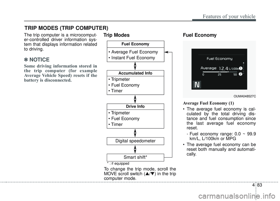 KIA SORENTO 2019  Owners Manual 483
Features of your vehicle
The trip computer is a microcomput-
er-controlled driver information sys-
tem that displays information related
to driving.
✽ ✽NOTICE
Some driving information stored i