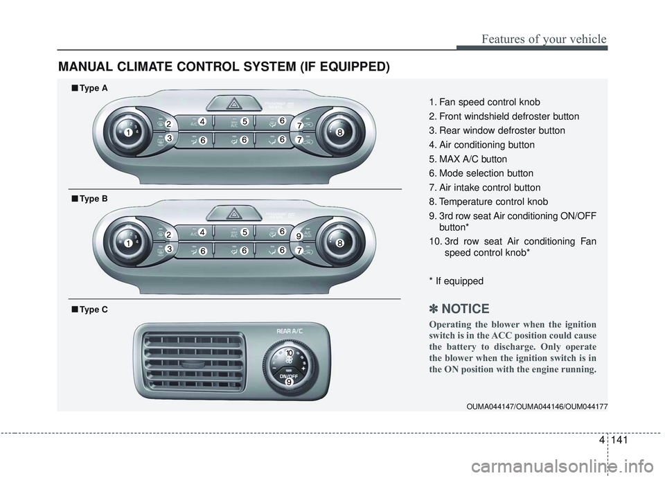 KIA SORENTO 2019 Owners Manual 4141
Features of your vehicle
MANUAL CLIMATE CONTROL SYSTEM (IF EQUIPPED)
OUMA044147/OUMA044146/OUM044177
1. Fan speed control knob
2. Front windshield defroster button
3. Rear window defroster button KIA SORENTO 2019 Owners Manual 4141
Features of your vehicle
MANUAL CLIMATE CONTROL SYSTEM (IF EQUIPPED)
OUMA044147/OUMA044146/OUM044177
1. Fan speed control knob
2. Front windshield defroster button
3. Rear window defroster button