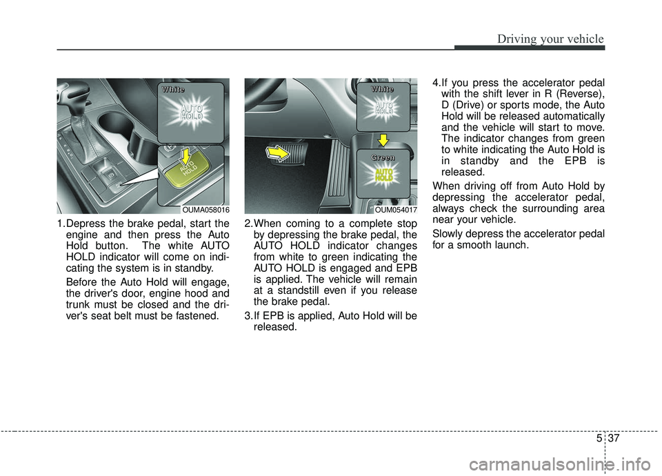 KIA SORENTO 2019  Owners Manual 537
Driving your vehicle
1.Depress the brake pedal, start theengine and then press the Auto
Hold button. The white AUTO
HOLD indicator will come on indi-
cating the system is in standby.
Before the Au