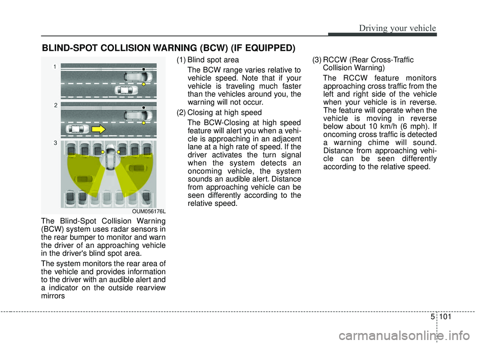 KIA SORENTO 2019 Owners Manual 5101
Driving your vehicle
BLIND-SPOT COLLISION WARNING (BCW) (IF EQUIPPED)
The Blind-Spot Collision Warning
(BCW) system uses radar sensors in
the rear bumper to monitor and warn
the driver of an appr