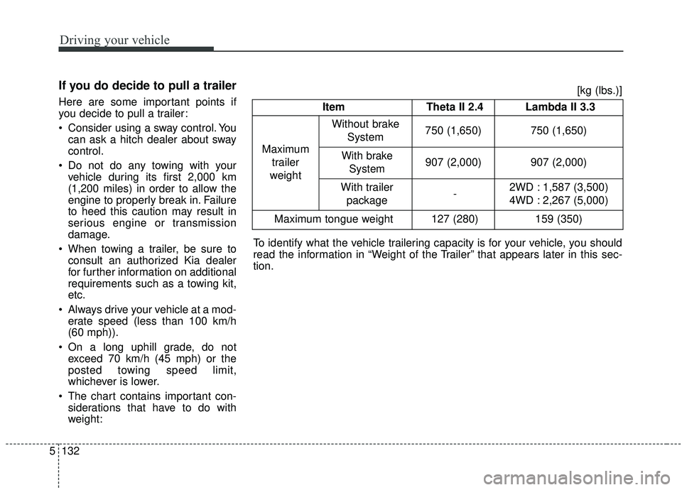 KIA SORENTO 2019 Owners Manual Driving your vehicle
132
5
If you do decide to pull a trailer
Here are some important points if
you decide to pull a trailer:
Consider using a sway control. You
can ask a hitch dealer about sway
cont KIA SORENTO 2019 Owners Manual Driving your vehicle
132
5
If you do decide to pull a trailer
Here are some important points if
you decide to pull a trailer:
Consider using a sway control. You
can ask a hitch dealer about sway
cont