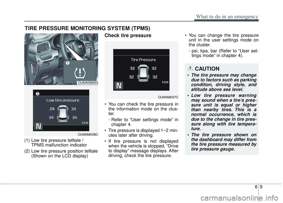KIA SORENTO 2019 Owners Manual 69
What to do in an emergency
TIRE PRESSURE MONITORING SYSTEM (TPMS)
(1) Low tire pressure telltale / TPMS malfunction indicator
(2) Low tire pressure position telltale (Shown on the LCD display)
Chec KIA SORENTO 2019 Owners Manual 69
What to do in an emergency
TIRE PRESSURE MONITORING SYSTEM (TPMS)
(1) Low tire pressure telltale / TPMS malfunction indicator
(2) Low tire pressure position telltale (Shown on the LCD display)
Chec