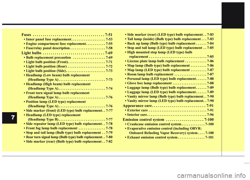 KIA SORENTO 2019  Owners Manual Fuses . . . . . . . . . . . . . . . . . . . . . . . . . . . . . . . . . . . . \
7-51
• Inner panel fuse replacement . . . . . . . . . . . . . . . . . . . 7-53
• Engine compartment fuse replacement