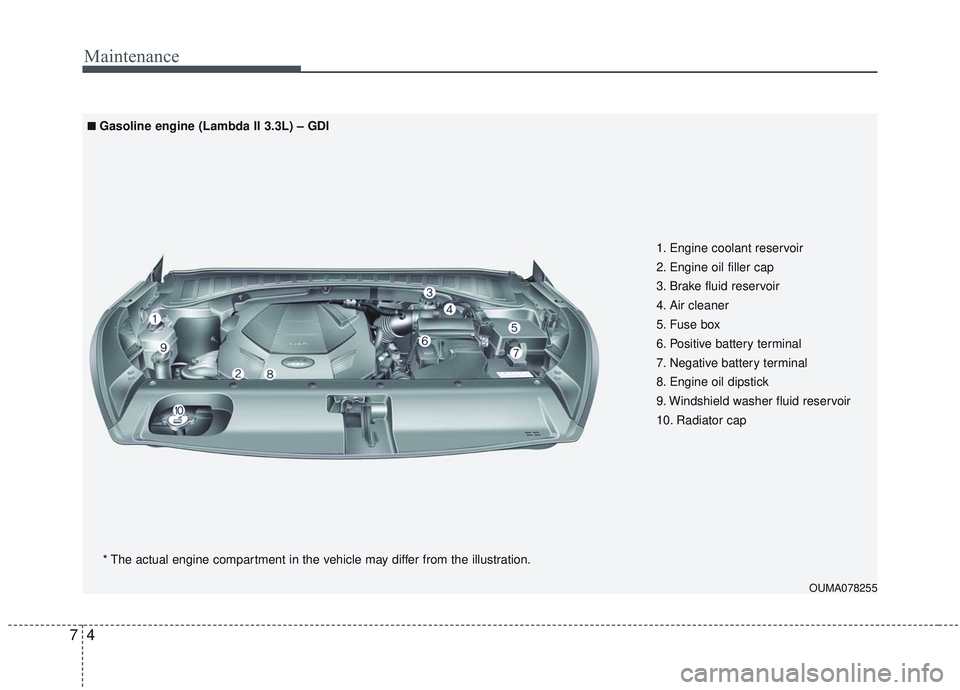 KIA SORENTO 2019 Owners Manual Maintenance
47
OUMA078255
1. Engine coolant reservoir
2. Engine oil filler cap
3. Brake fluid reservoir
4. Air cleaner
5. Fuse box
6. Positive battery terminal
7. Negative battery terminal
8. Engine o KIA SORENTO 2019 Owners Manual Maintenance
47
OUMA078255
1. Engine coolant reservoir
2. Engine oil filler cap
3. Brake fluid reservoir
4. Air cleaner
5. Fuse box
6. Positive battery terminal
7. Negative battery terminal
8. Engine o
