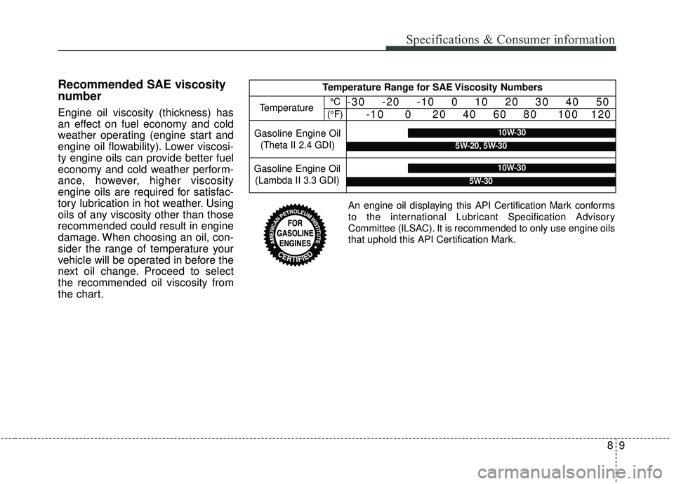 KIA SORENTO 2019 Owners Manual 89
Specifications & Consumer information
Recommended SAE viscosity
number
Engine oil viscosity (thickness) has
an effect on fuel economy and cold
weather operating (engine start and
engine oil flowabi KIA SORENTO 2019 Owners Manual 89
Specifications & Consumer information
Recommended SAE viscosity
number
Engine oil viscosity (thickness) has
an effect on fuel economy and cold
weather operating (engine start and
engine oil flowabi