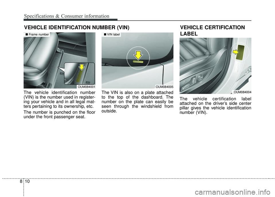 KIA SORENTO 2019 Owners Manual 10
8
Specifications & Consumer information
VEHICLE IDENTIFICATION NUMBER (VIN)
The vehicle identification number
(VIN) is the number used in register-
ing your vehicle and in all legal mat-
ters perta KIA SORENTO 2019 Owners Manual 10
8
Specifications & Consumer information
VEHICLE IDENTIFICATION NUMBER (VIN)
The vehicle identification number
(VIN) is the number used in register-
ing your vehicle and in all legal mat-
ters perta