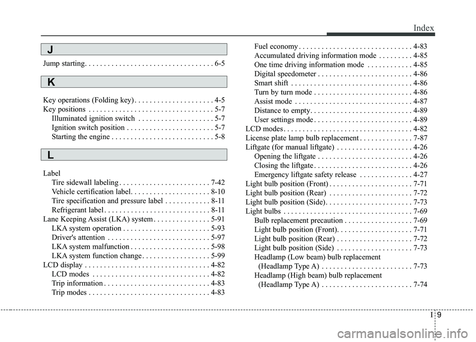 KIA SORENTO 2019 Owners Manual I9
Index
Jump starting. . . . . . . . . . . . . . . . . . . . . . . . . . . . . . . . . . 6-5
Key operations (Folding key) . . . . . . . . . . . . . . . . . . . . . 4-5
Key positions . . . . . . . . . KIA SORENTO 2019 Owners Manual I9
Index
Jump starting. . . . . . . . . . . . . . . . . . . . . . . . . . . . . . . . . . 6-5
Key operations (Folding key) . . . . . . . . . . . . . . . . . . . . . 4-5
Key positions . . . . . . . . .
