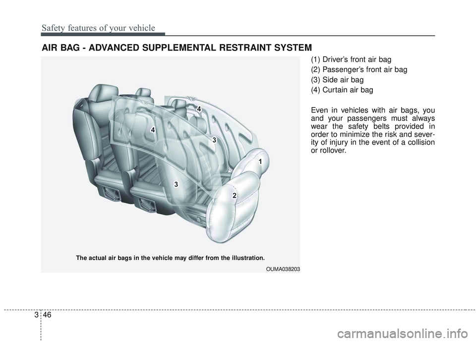 KIA SORENTO 2019 Repair Manual Safety features of your vehicle
46
3
(1) Driver’s front air bag
(2) Passenger’s front air bag
(3) Side air bag
(4) Curtain air bag
Even in vehicles with air bags, you
and your passengers must alwa KIA SORENTO 2019 Repair Manual Safety features of your vehicle
46
3
(1) Driver’s front air bag
(2) Passenger’s front air bag
(3) Side air bag
(4) Curtain air bag
Even in vehicles with air bags, you
and your passengers must alwa