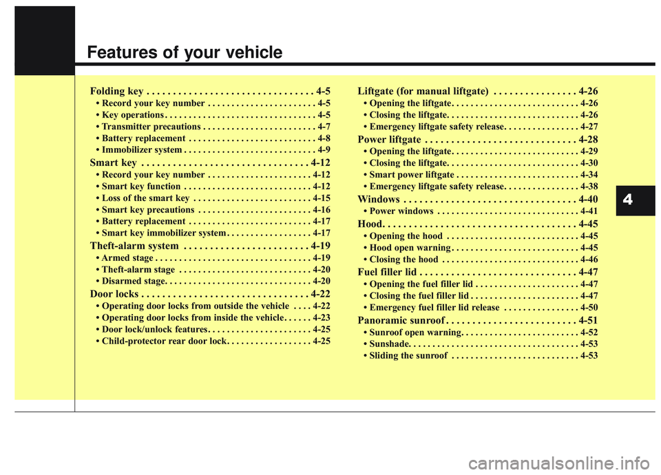 KIA SORENTO 2019  Owners Manual Features of your vehicle
Folding key . . . . . . . . . . . . . . . . . . . . . . . . . . . . . . . . 4-5
• Record your key number . . . . . . . . . . . . . . . . . . . . . . . 4-5
• Key operations