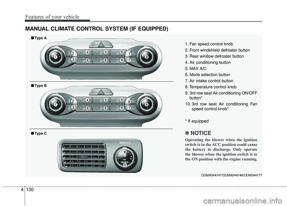 KIA SORENTO 2018 Owners Manual Features of your vehicle
130
4
MANUAL CLIMATE CONTROL SYSTEM (IF EQUIPPED)
OUMA044147/OUMA044146/OUM044177
1. Fan speed control knob
2. Front windshield defroster button
3. Rear window defroster butto KIA SORENTO 2018 Owners Manual Features of your vehicle
130
4
MANUAL CLIMATE CONTROL SYSTEM (IF EQUIPPED)
OUMA044147/OUMA044146/OUM044177
1. Fan speed control knob
2. Front windshield defroster button
3. Rear window defroster butto