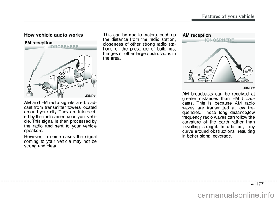 KIA SORENTO 2018  Owners Manual 4177
Features of your vehicle
How vehicle audio works
AM and FM radio signals are broad-
cast from transmitter towers located
around your city. They are intercept-
ed by the radio antenna on your vehi