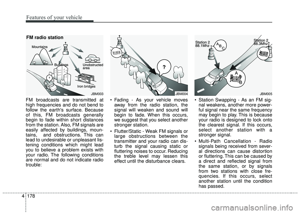 KIA SORENTO 2018  Owners Manual Features of your vehicle
178
4
FM broadcasts are transmitted at
high frequencies and do not bend to
follow the earths surface. Because
of this, FM broadcasts generally
begin to fade within short dist