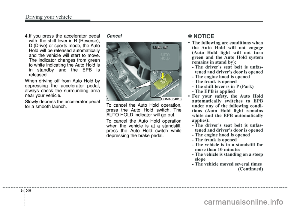 KIA SORENTO 2018 Owners Manual Driving your vehicle
38
5
4.If you press the accelerator pedal
with the shift lever in R (Reverse),
D (Drive) or sports mode, the Auto
Hold will be released automatically
and the vehicle will start t KIA SORENTO 2018 Owners Manual Driving your vehicle
38
5
4.If you press the accelerator pedal
with the shift lever in R (Reverse),
D (Drive) or sports mode, the Auto
Hold will be released automatically
and the vehicle will start t
