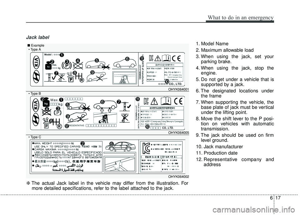 KIA SORENTO 2018 Owners Manual 617
What to do in an emergency
Jack label
1. Model Name
2. Maximum allowable load
3. When using the jack, set yourparking brake.
4. When using the jack, stop the engine.
5. Do not get under a vehicle KIA SORENTO 2018 Owners Manual 617
What to do in an emergency
Jack label
1. Model Name
2. Maximum allowable load
3. When using the jack, set yourparking brake.
4. When using the jack, stop the engine.
5. Do not get under a vehicle