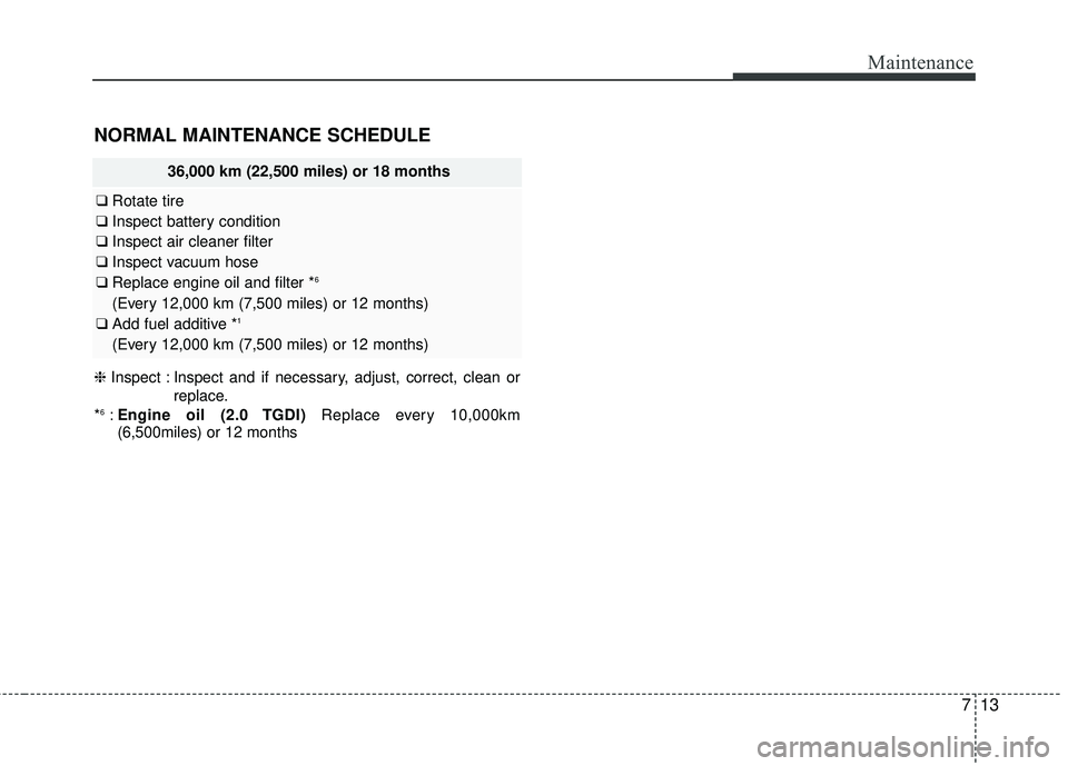 KIA SORENTO 2018 User Guide 713
Maintenance
NORMAL MAINTENANCE SCHEDULE
36,000 km (22,500 miles) or 18 months
❑Rotate tire
❑ Inspect battery condition
❑ Inspect air cleaner filter
❑ Inspect vacuum hose
❑ Replace engine