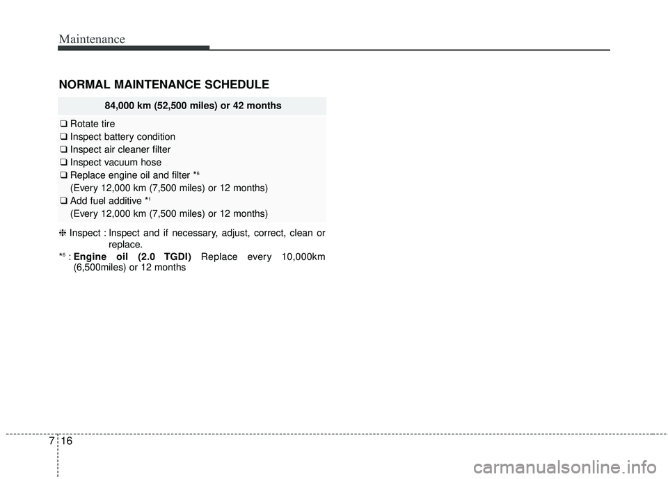 KIA SORENTO 2018 Owners Manual Maintenance
16
7
NORMAL MAINTENANCE SCHEDULE
84,000 km (52,500 miles) or 42 months
❑ Rotate tire
❑ Inspect battery condition
❑ Inspect air cleaner filter
❑ Inspect vacuum hose
❑ Replace engi KIA SORENTO 2018 Owners Manual Maintenance
16
7
NORMAL MAINTENANCE SCHEDULE
84,000 km (52,500 miles) or 42 months
❑ Rotate tire
❑ Inspect battery condition
❑ Inspect air cleaner filter
❑ Inspect vacuum hose
❑ Replace engi
