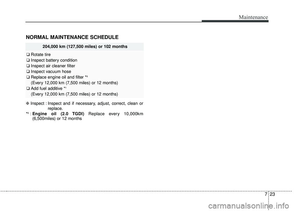 KIA SORENTO 2018 Owners Manual 723
Maintenance
NORMAL MAINTENANCE SCHEDULE
204,000 km (127,500 miles) or 102 months
❑Rotate tire
❑ Inspect battery condition
❑ Inspect air cleaner filter
❑ Inspect vacuum hose
❑ Replace eng