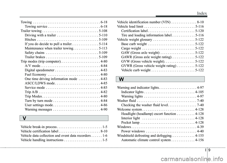 KIA SORENTO 2018 Owners Manual I9
Index
Towing . . . . . . . . . . . . . . . . . . . . . . . . . . . . . . . . . . . . \
. 6-18Towing service . . . . . . . . . . . . . . . . . . . . . . . . . . . . . 6-18
Trailer towing . . . . . . KIA SORENTO 2018 Owners Manual I9
Index
Towing . . . . . . . . . . . . . . . . . . . . . . . . . . . . . . . . . . . . \
. 6-18Towing service . . . . . . . . . . . . . . . . . . . . . . . . . . . . . 6-18
Trailer towing . . . . . .