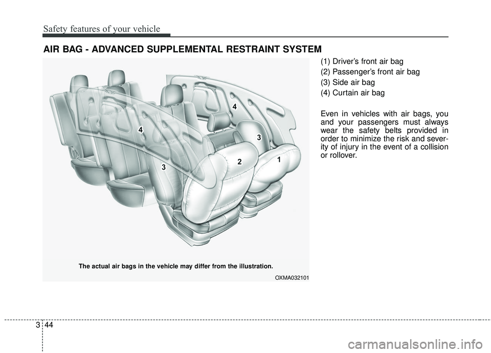 KIA SORENTO 2018 Repair Manual Safety features of your vehicle
44
3
(1) Driver’s front air bag
(2) Passenger’s front air bag
(3) Side air bag
(4) Curtain air bag
Even in vehicles with air bags, you
and your passengers must alwa KIA SORENTO 2018 Repair Manual Safety features of your vehicle
44
3
(1) Driver’s front air bag
(2) Passenger’s front air bag
(3) Side air bag
(4) Curtain air bag
Even in vehicles with air bags, you
and your passengers must alwa