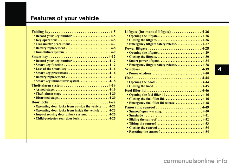 KIA SORENTO 2018  Owners Manual Features of your vehicle
Folding key . . . . . . . . . . . . . . . . . . . . . . . . . . . . . . . . 4-5
• Record your key number . . . . . . . . . . . . . . . . . . . . . . . 4-5
• Key operations