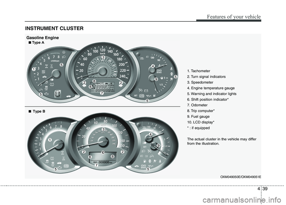 KIA SORENTO 2010 Owners Manual 439
Features of your vehicle
INSTRUMENT CLUSTER
1. Tachometer
2. Turn signal indicators
3. Speedometer
4. Engine temperature gauge
5. Warning and indicator lights
6. Shift position indicator*
7. Odo KIA SORENTO 2010 Owners Manual 439
Features of your vehicle
INSTRUMENT CLUSTER
1. Tachometer
2. Turn signal indicators
3. Speedometer
4. Engine temperature gauge
5. Warning and indicator lights
6. Shift position indicator*
7. Odo