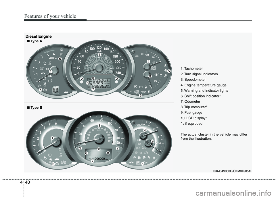 KIA SORENTO 2010 Owners Manual Features of your vehicle
40
4
1. Tachometer
2. Turn signal indicators
3. Speedometer
4. Engine temperature gauge
5. Warning and indicator lights
6. Shift position indicator*
7. Odometer
8. Trip comp KIA SORENTO 2010 Owners Manual Features of your vehicle
40
4
1. Tachometer
2. Turn signal indicators
3. Speedometer
4. Engine temperature gauge
5. Warning and indicator lights
6. Shift position indicator*
7. Odometer
8. Trip comp