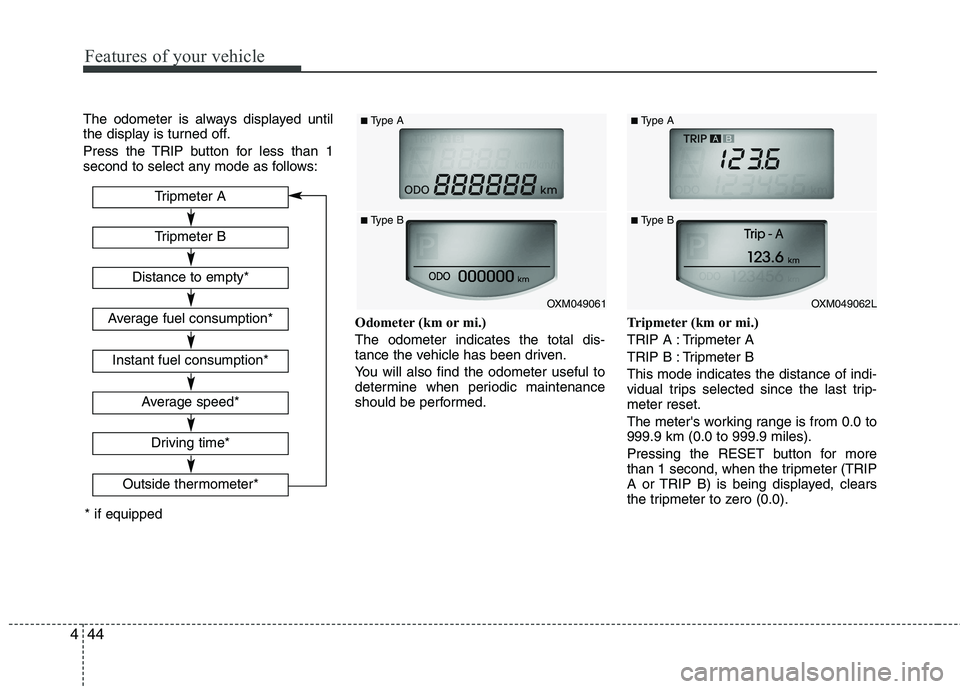 KIA SORENTO 2010  Owners Manual Features of your vehicle
44
4
The odometer is always displayed until 
the display is turned off. 
Press the TRIP button for less than 1 
second to select any mode as follows:
Odometer (km or mi.) The 