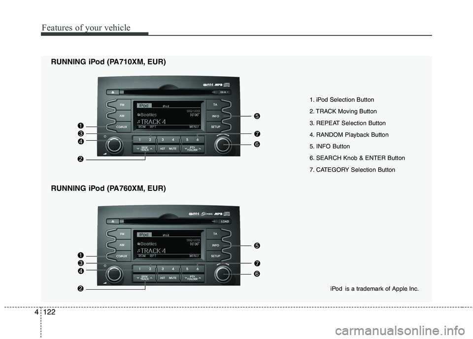 KIA SORENTO 2010 Owners Manual Features of your vehicle
122
4
1. iPod Selection Button
2. TRACK Moving Button
3. REPEAT Selection Button
4. RANDOM Playback Button
5. INFO Button
6. SEARCH Knob & ENTER Button
7. CATEGORY Selection KIA SORENTO 2010 Owners Manual Features of your vehicle
122
4
1. iPod Selection Button
2. TRACK Moving Button
3. REPEAT Selection Button
4. RANDOM Playback Button
5. INFO Button
6. SEARCH Knob & ENTER Button
7. CATEGORY Selection