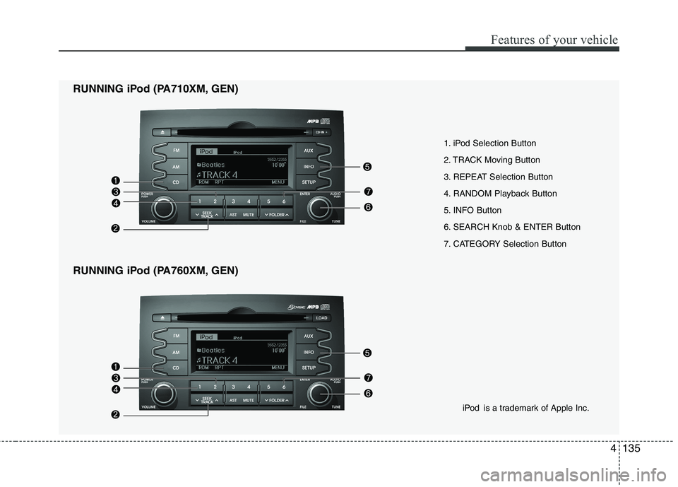KIA SORENTO 2010 Owners Manual 4135
Features of your vehicle
1. iPod Selection Button
2. TRACK Moving Button
3. REPEAT Selection Button
4. RANDOM Playback Button
5. INFO Button
6. SEARCH Knob & ENTER Button
7. CATEGORY Selection B KIA SORENTO 2010 Owners Manual 4135
Features of your vehicle
1. iPod Selection Button
2. TRACK Moving Button
3. REPEAT Selection Button
4. RANDOM Playback Button
5. INFO Button
6. SEARCH Knob & ENTER Button
7. CATEGORY Selection B