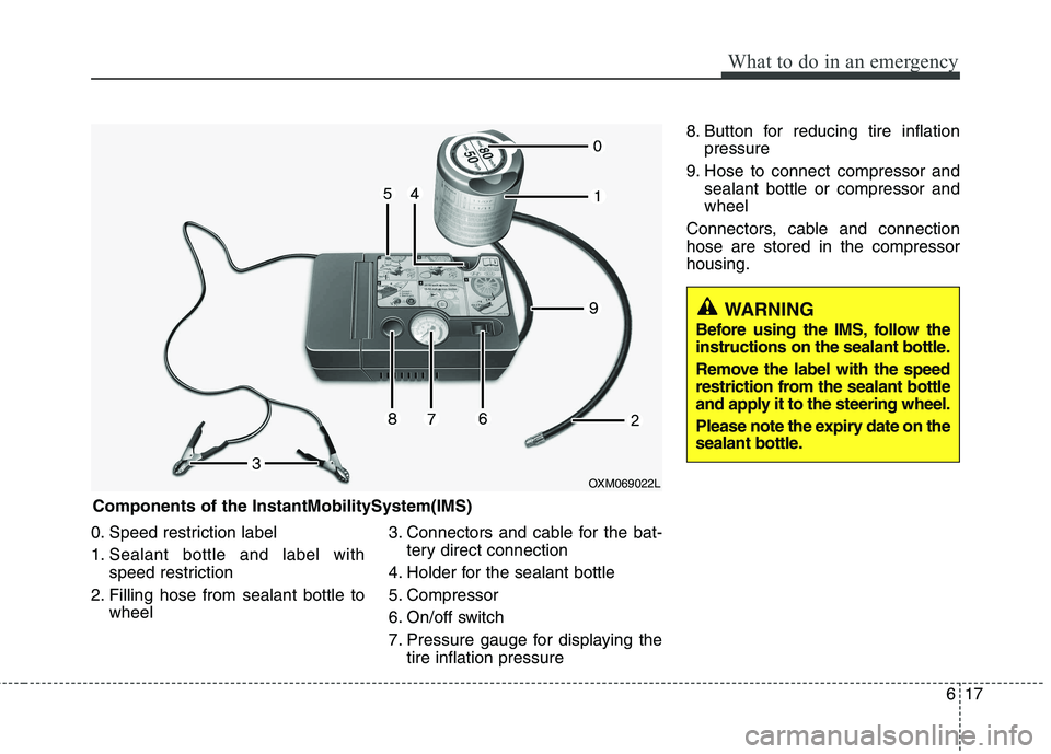 KIA SORENTO 2010 Owners Manual 617
What to do in an emergency
0. Speed restriction label
1. Sealant bottle and label withspeed restriction
2. Filling hose from sealant bottle to wheel 3. Connectors and cable for the bat-
tery dire KIA SORENTO 2010 Owners Manual 617
What to do in an emergency
0. Speed restriction label
1. Sealant bottle and label withspeed restriction
2. Filling hose from sealant bottle to wheel 3. Connectors and cable for the bat-
tery dire