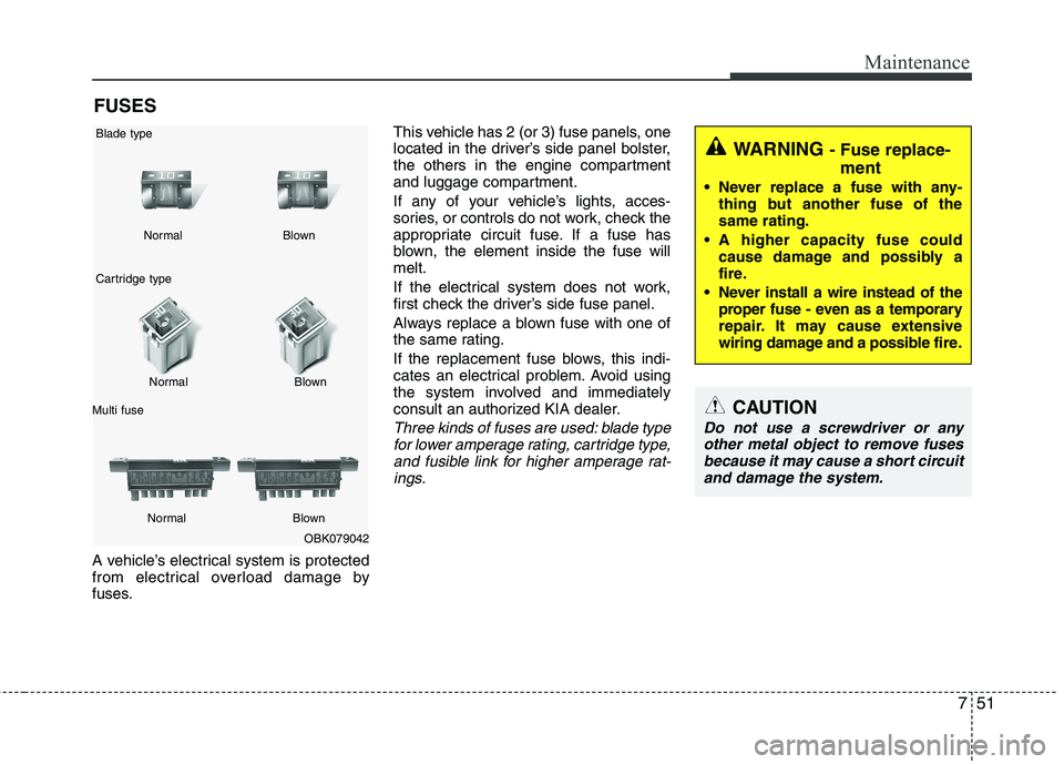 KIA SORENTO 2010  Owners Manual 751
Maintenance
FUSES
A vehicle’s electrical system is protected 
from electrical overload damage by
fuses. This vehicle has 2 (or 3) fuse panels, one
located in the driver’s side panel bolster,
t